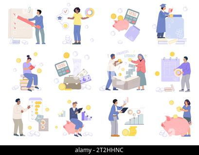 Flat set of people planning their budget and developing financial literacy skills isolated vector illustration Stock Vector