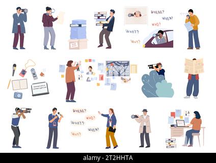 Journalistic investigations flat set of isolated icons with microphones voice recorders badges and characters of journalists vector illustration Stock Vector