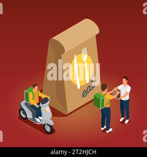 Cloud kitchen service concept with package and delivery symbols isometric vector illustration Stock Vector