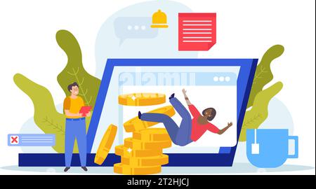 Financial instability flat icons composition on blank background with doodle people falling from stack of coins vector illustration Stock Vector