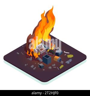 Air pollution isometric concept with burning waste 3d vector illustration Stock Vector