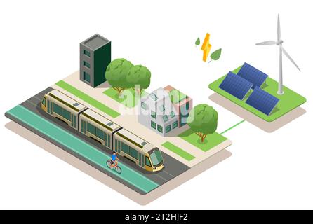 Air pollution green energy isometric composition with solar panels wind turbine and view of city with man riding bicycle vector illustration Stock Vector