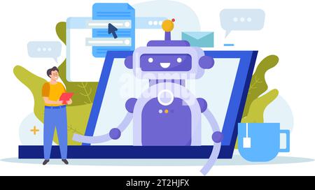 Chatbot services flat composition with man talking to cute robot on laptop screen vector illustration Stock Vector