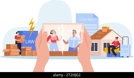 Property division dissolution of marriage contract flat concept with human hands holding torn photo of divorced couple vector illustration Stock Vector