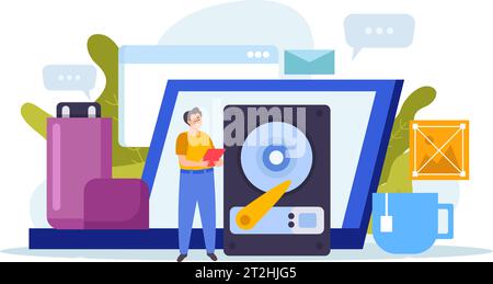 Male character backing up files and recovering data on hard disk flat composition vector illustration Stock Vector