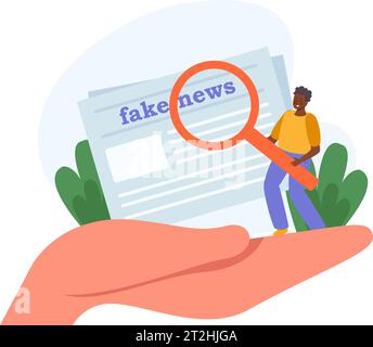 Tiny human character with magnifier reading fake news in newspaper flat concept vector illustration Stock Vector
