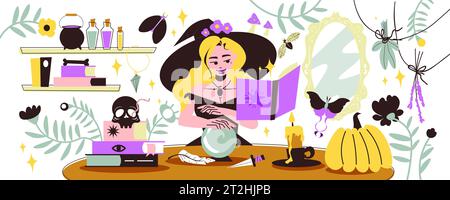 Young witch practising witchcraft with crystal ball in room with various magical tools flat vector illustration Stock Vector