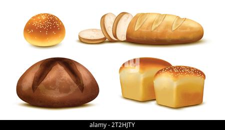 Bakery realistic set with wheat and rye bread sliced loaf and bun with ...