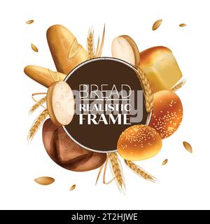 Bakery realistic round frame with bread loaves and ears of wheat vector illustration Stock Vector