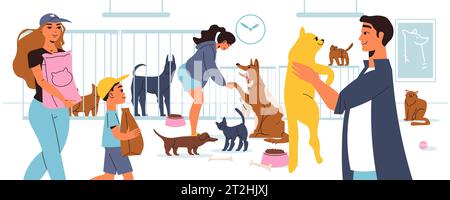 Volunteers visiting pet shelter feeding and playing with cats and dogs flat vector illustration Stock Vector