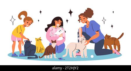 Pet shelter flat composition with happy girls cuddling with cats vector illustration Stock Vector