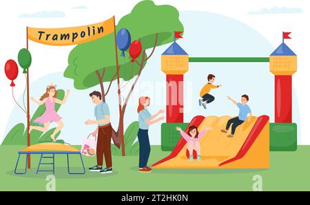 Happy kids jumping on trampoline and sliding down inflatable slide in amusement park flat composition vector illustration Stock Vector