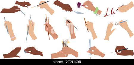 Flat set of human hands holding paintbrushes pencils spatula crayon isolated vector illustration Stock Vector