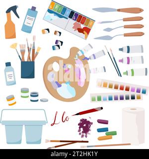 Painting tools flat composition of paintbrushes paints crayons spatulas palette on white background vector illustration Stock Vector