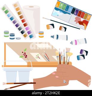 Human hands holding paintbrushes flat composition with paints and artist workplace vector illustration Stock Vector