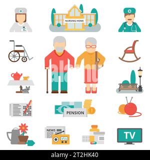 Senior lifestyle flat color icons set with elderly family couple nursing home and items for leisure activities isolated vector illustration Stock Vector