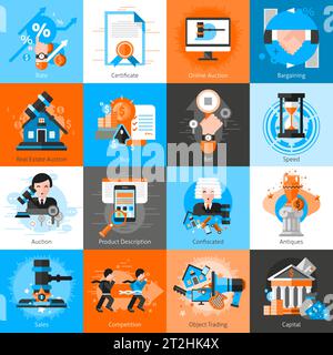 Collection of icons for auction bargaining with hammer antiques real estate and  objects for trading flat isolated vector illustration Stock Vector