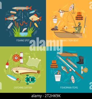 Fishing concept icons set with fishing from boat and catching catfish symbols flat isolated vector illustration Stock Vector