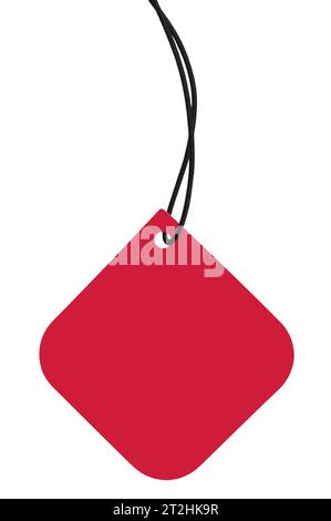 Blank Red Cardboard Sale Tag And Black String, Empty Square Price Label Background, Vertical Isolated Detailed Hanging Badge Copy Space Macro Closeup Stock Photo