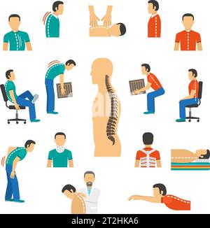 Flat color isolated icons for diagnosis spine diseases and treatment back pain vector  illustration Stock Vector