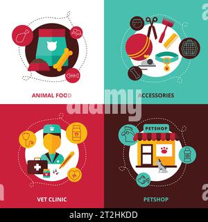 Veterinary 2x2 design concept set of  feed and accessories for animals vet clinic and pet shop compositions flat vector illustration Stock Vector