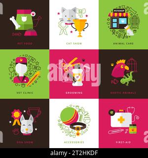 Flat color veterinary icons compositions of exotic animals grooming first aid pet food isolated vector illustration Stock Vector
