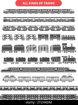 Subway and railroad train black decorative icons set isolated vector illustration Stock Vector