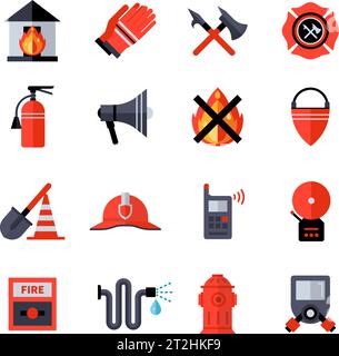 Fire department decorative flat icons collection of fireman equipment and tools with hatchet bucketful spade helm extinguisher isolated vector illustr Stock Vector