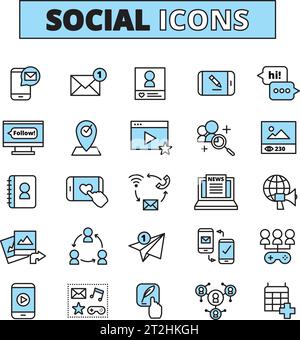 Social media line icons set for internet community email communication and group network share isolated vector illustration Stock Vector