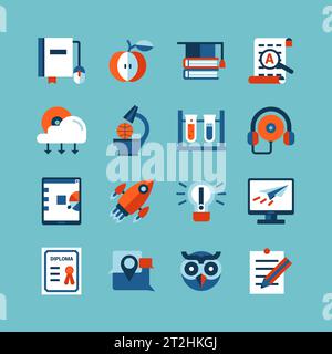 Online education flat color icon set of headphones monitor owl head and higher school graduation items isolated vector illustration Stock Vector