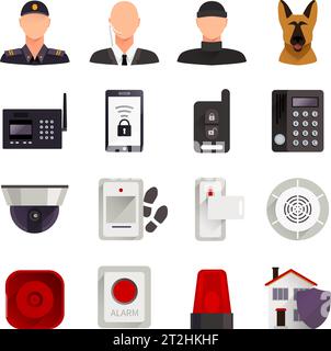 Home security flat decorative icons set with guard dog video camera and digital electronic systems for home protection isolated vector illustration Stock Vector