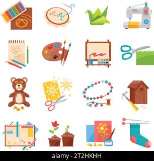 Hobbies flat icons set with sewing origami making and beading isolated vector illustration Stock Vector