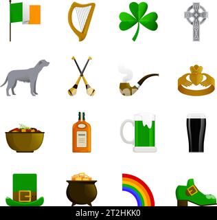 Ireland flat color decorative icons with leprechaun green hat and shoe rainbow pot with gold irish terrier and bottle of whisky Stock Vector