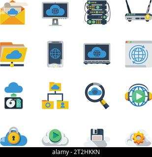 Cloud service flat color icons set of router smartphone laptop hub diskette sim card isolated vector illustration Stock Vector