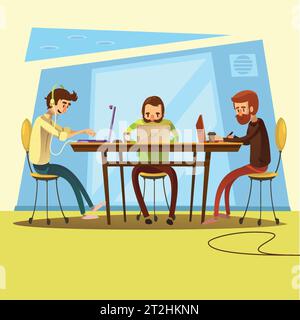 Coworking and business with table and discussion symbols cartoon vector illustration Stock Vector