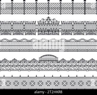 Fences black white border pattern set with forged metal flat isolated vector illustration Stock Vector