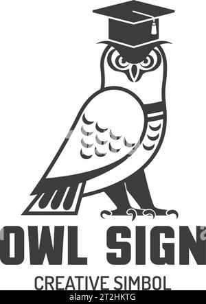 Black and white logotype sign of owl in square academic cap creative simbol flat vector illustration Stock Vector