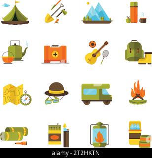 Camping and hiking adventure flat icons set with camper guitar and campfire pictograms abstract isolated vector illustration Stock Vector
