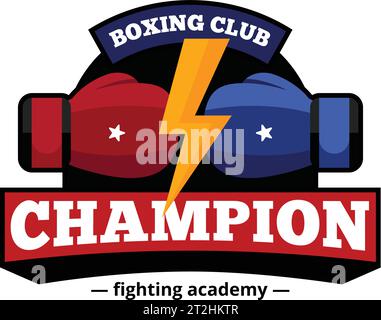 Fighting academy boxing champions club logo design in blue and red with golden lightning flat abstract vector illustration Stock Vector