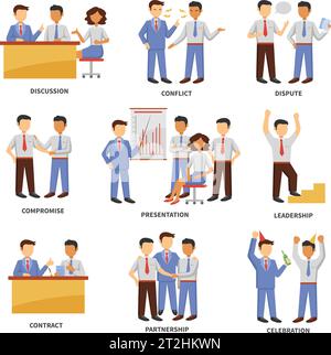 Business character set with discussion conflict and dispute scenes isolated vector illustration Stock Vector