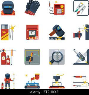 Welding flat color icons set of gas cylinders rubber gloves helmet gas burner isolated vector illustration Stock Vector