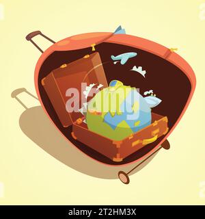 Travel cartoon concept with globe in a suitcase on yellow background vector illustration Stock Vector