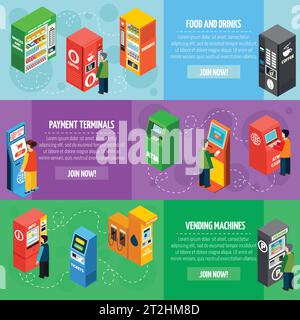Vending food and drinks dispensers isometric banners set with payment and tickets selling machines isolated vector illustration Stock Vector