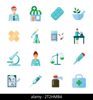 Pharmacist isolated icon flat set with drugs and methods of use of different medical instruments vector illustration Stock Vector
