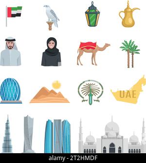 United arab emirates flat Icons with symbols of state and cultural objects isolated vector illustration Stock Vector