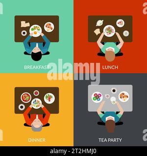 Flat icon set with eating people with different variants of meal top view vector illustration Stock Vector
