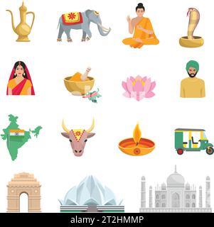 India flat icons set with symbols of culture and religion isolated vector illustration Stock Vector