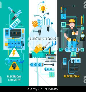Electricity vertical banners set with electric circuitry symbols flat isolated vector illustration Stock Vector