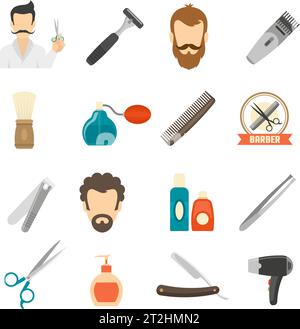 Set color icons about barber with shave equipment and personal hygiene accessories isolated vector illustration Stock Vector