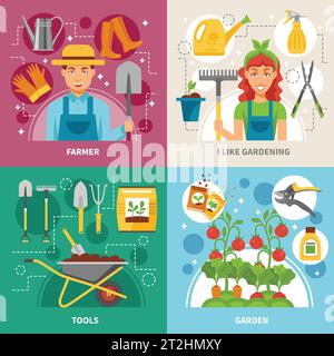 Farmers gardening tools plants and accessories concept 4 flat icons square composition banner abstract isolated vector illustration Stock Vector